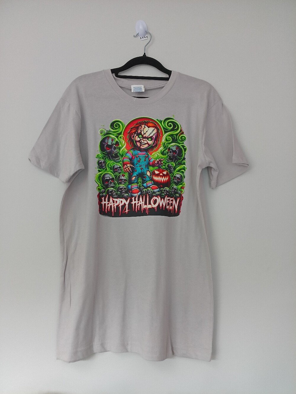 Happy Halloween Chucky Graphic Tee - Light Gray